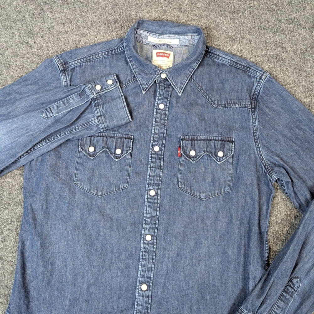 Levi's Mens Modern Fit Blue Denim Western Pearl Snap Shirt Large 2014